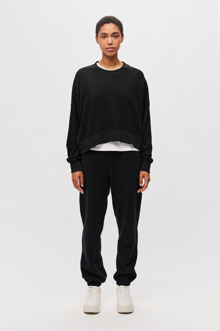 U-Neck Sweatshirt with Side Openings Black