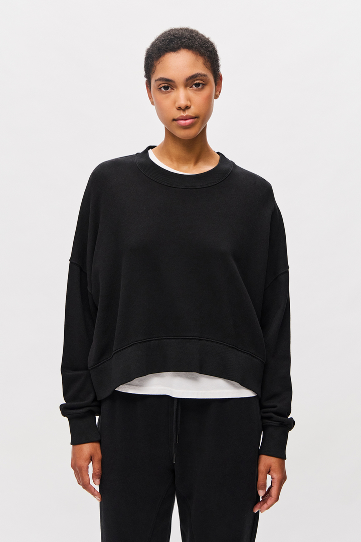 U-Neck Sweatshirt with Side Openings Black