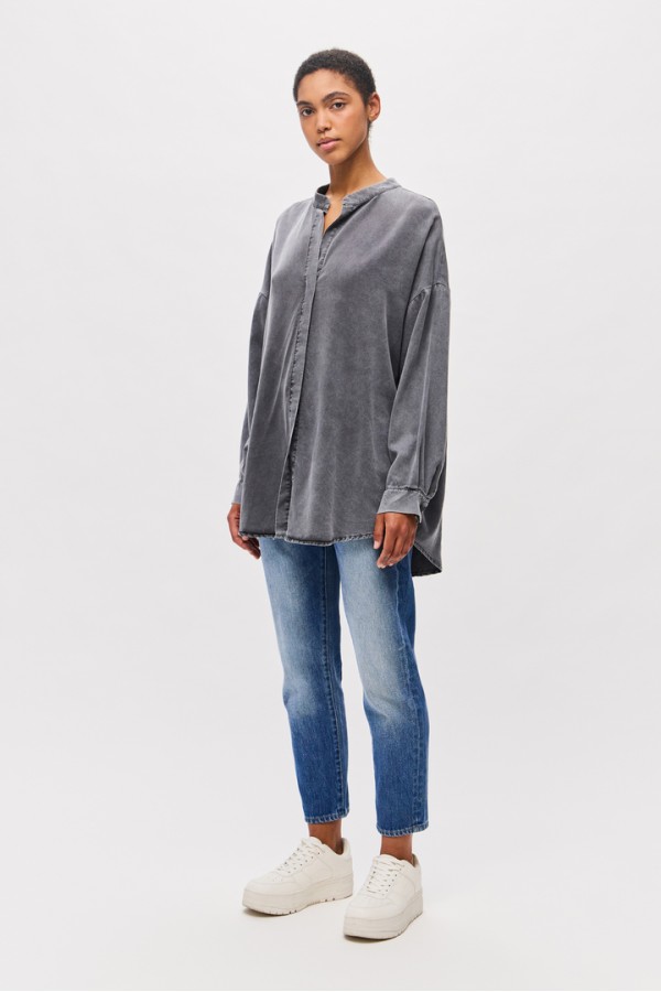 Oversized Tunic Shirt with Mao Collar Vintage Grey