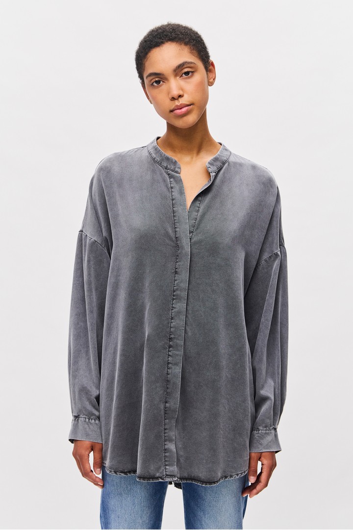 Oversized Tunic Shirt with Mao Collar Vintage Grey