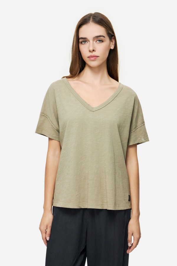Oversized T-Shirt With V Neckline Taupe