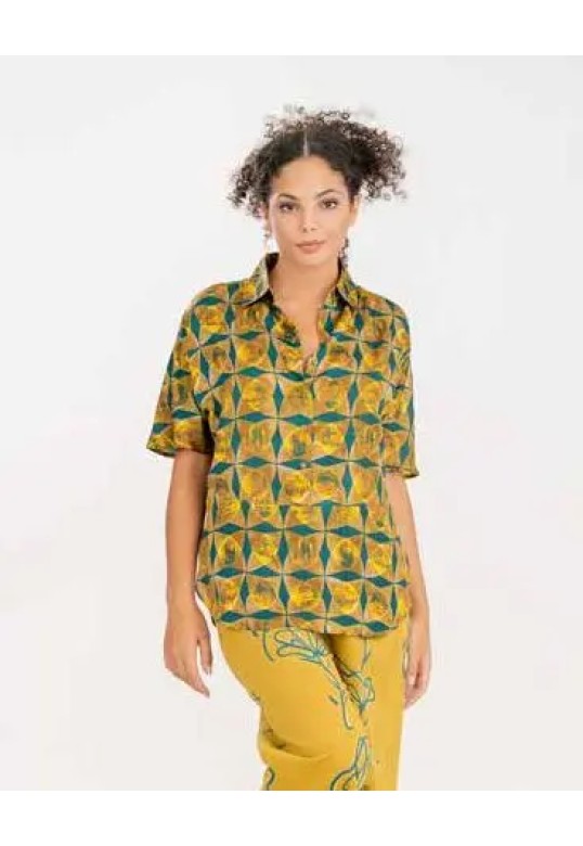 Bamboo blouse with gold green geometric print