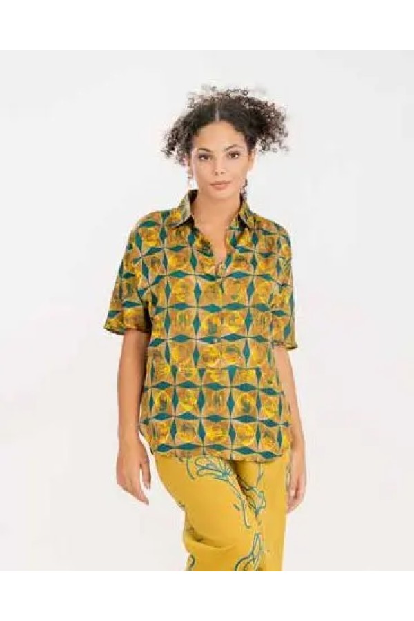 Bamboo blouse with gold green geometric print