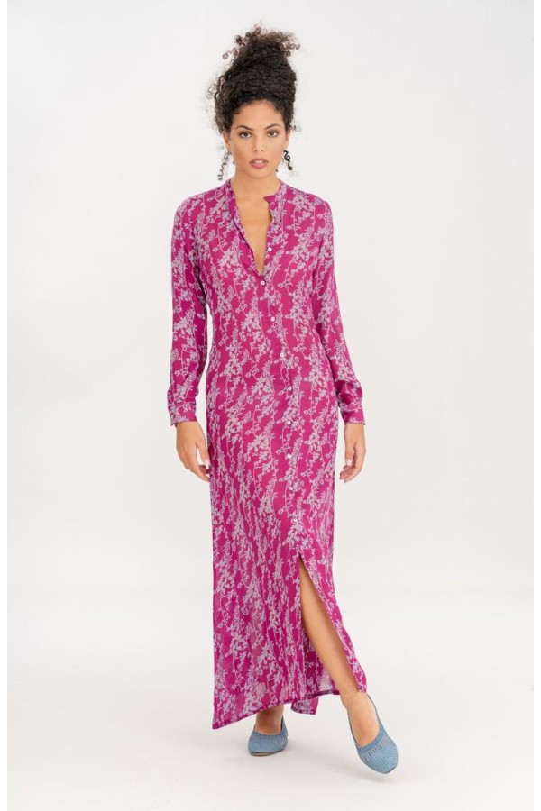 Long fuchsia floral print chemisier dress