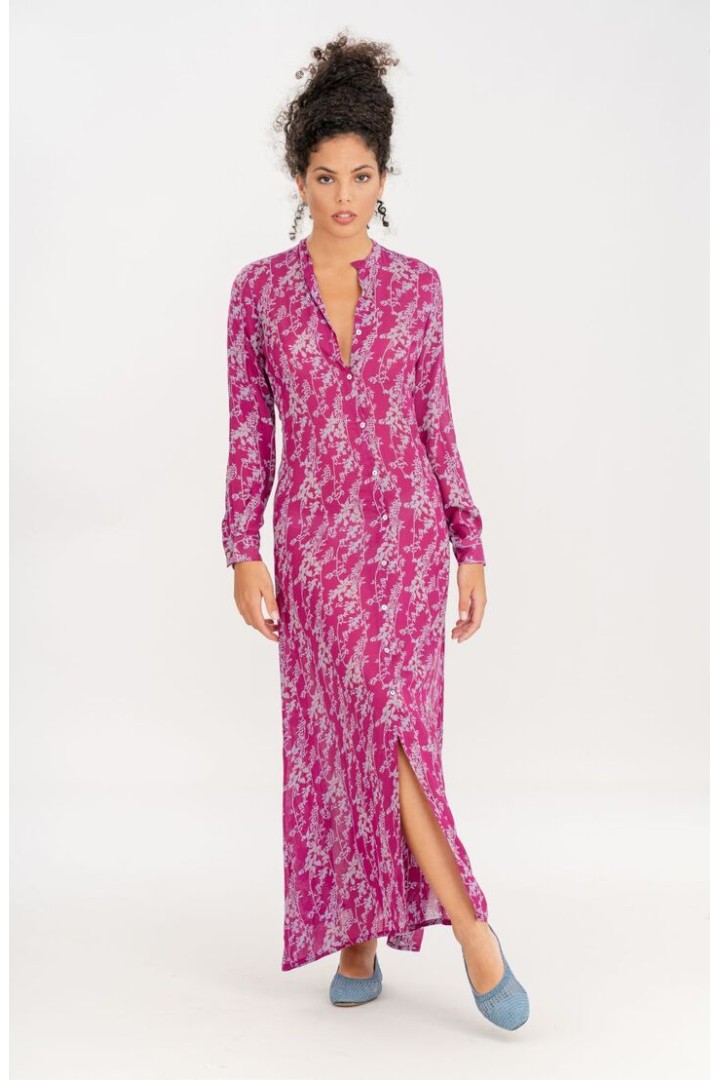 Long fuchsia floral print chemisier dress