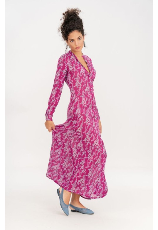 Long fuchsia floral print chemisier dress