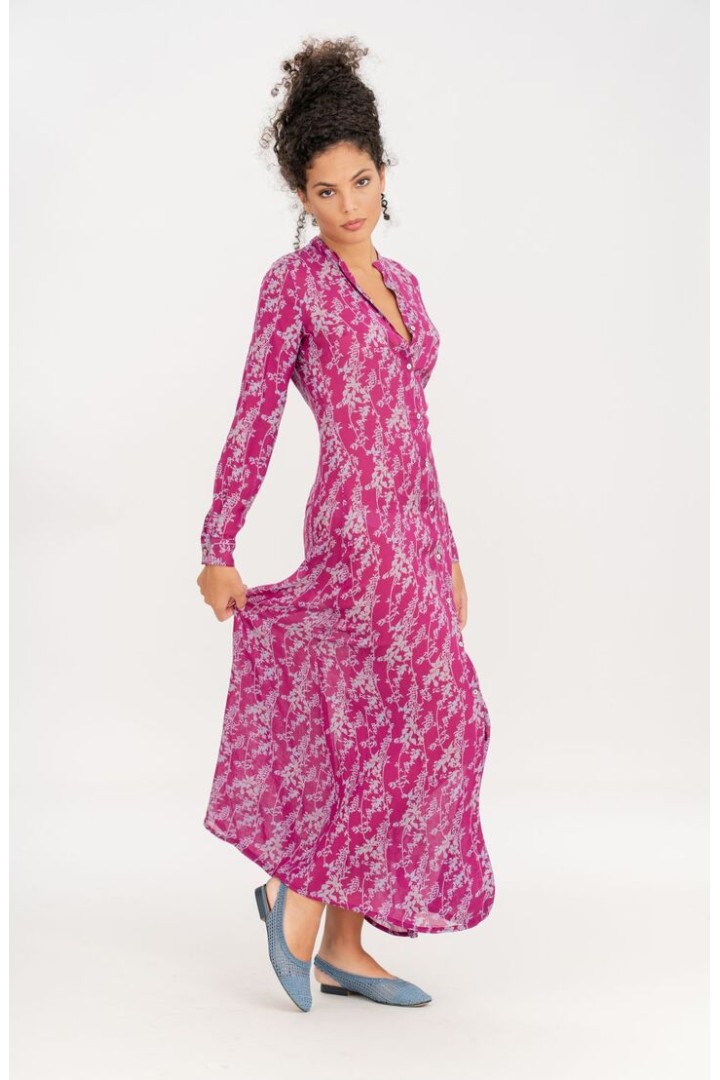 Long fuchsia floral print chemisier dress