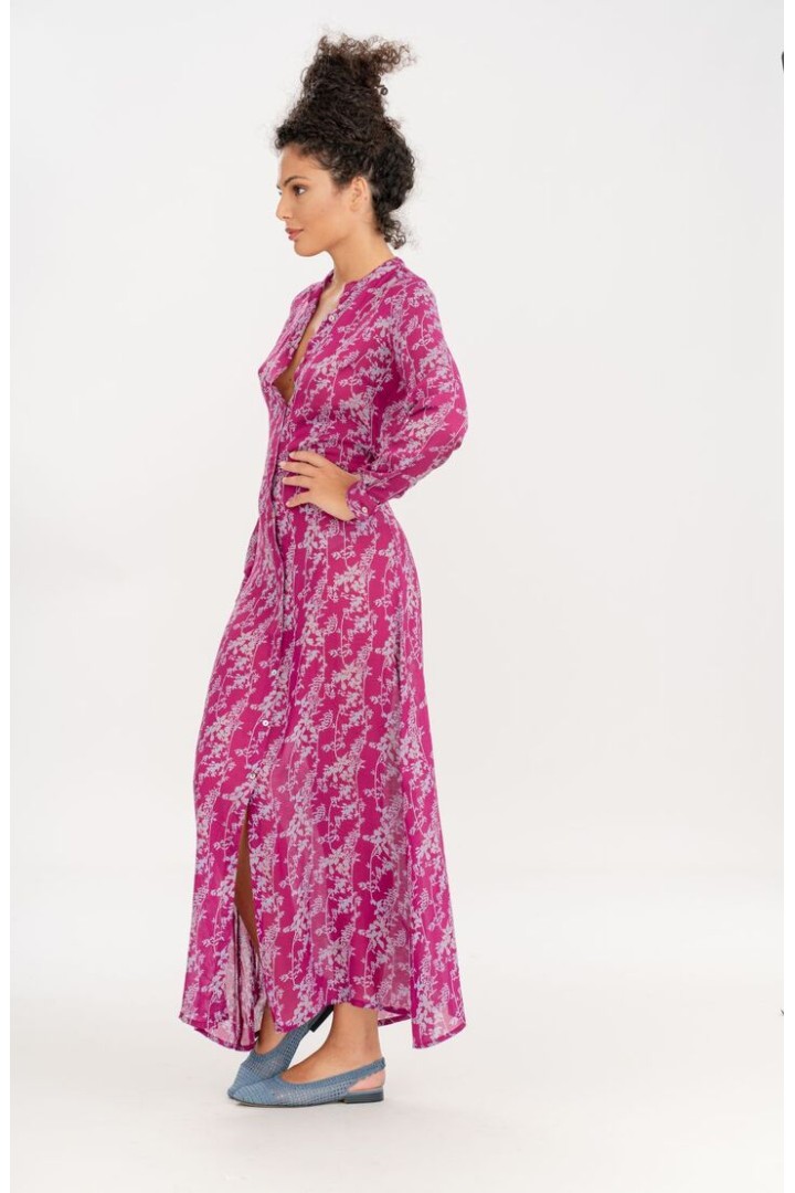 Long fuchsia floral print chemisier dress