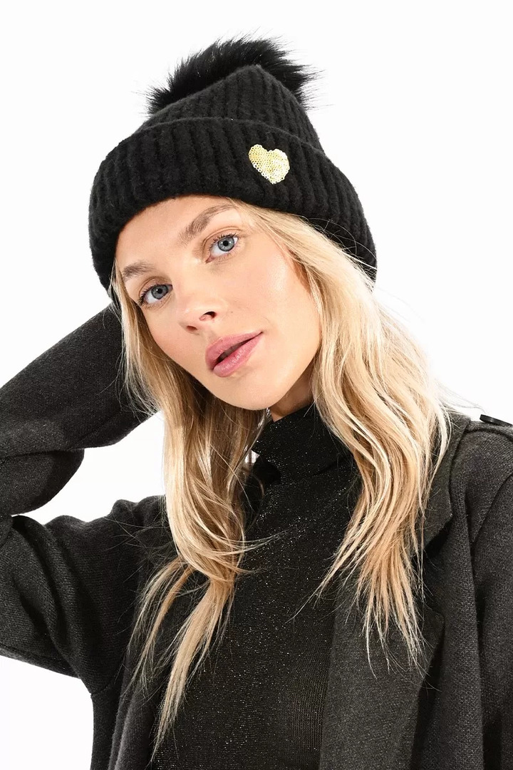 SEQUIN HEART AND POMPOM BEANIE BLACK