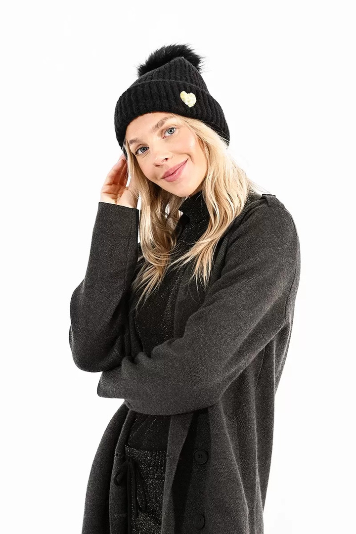 SEQUIN HEART AND POMPOM BEANIE BLACK