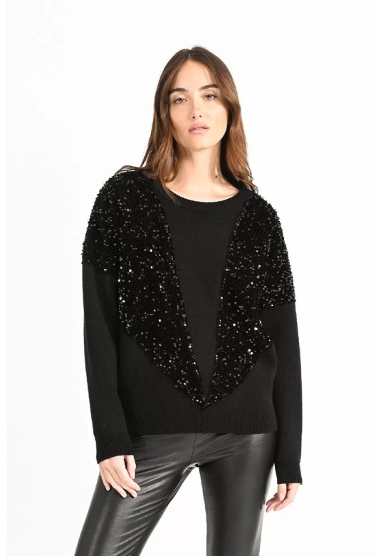 SWEATER WITH SEQUIN YOKE BLACK