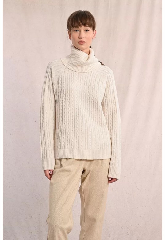 Cable-knit sweater with high neck off white