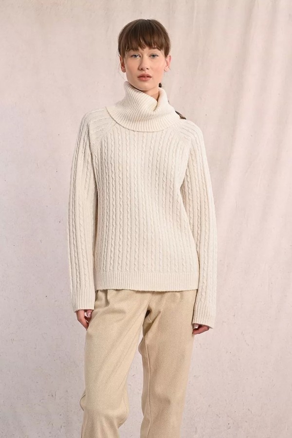 Cable-knit sweater with high neck off white