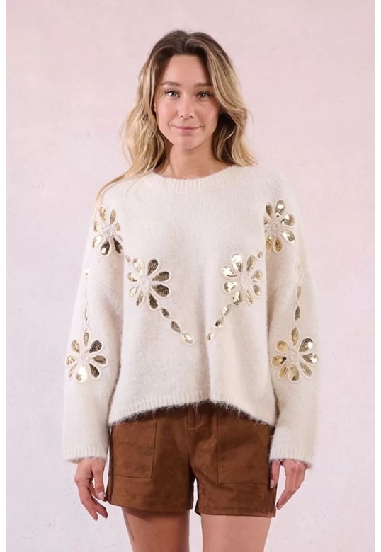 Knitted sweater with sequin flowers off white