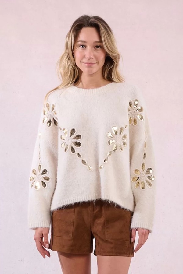 Knitted sweater with sequin flowers off white