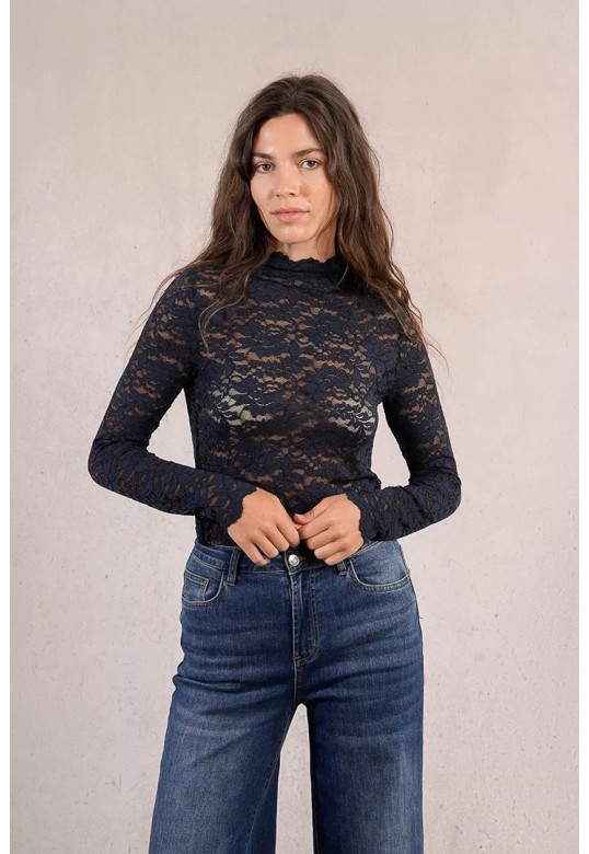 Semi-sheer lace top Navy Blue