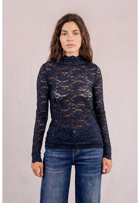 Semi-sheer lace top Navy Blue