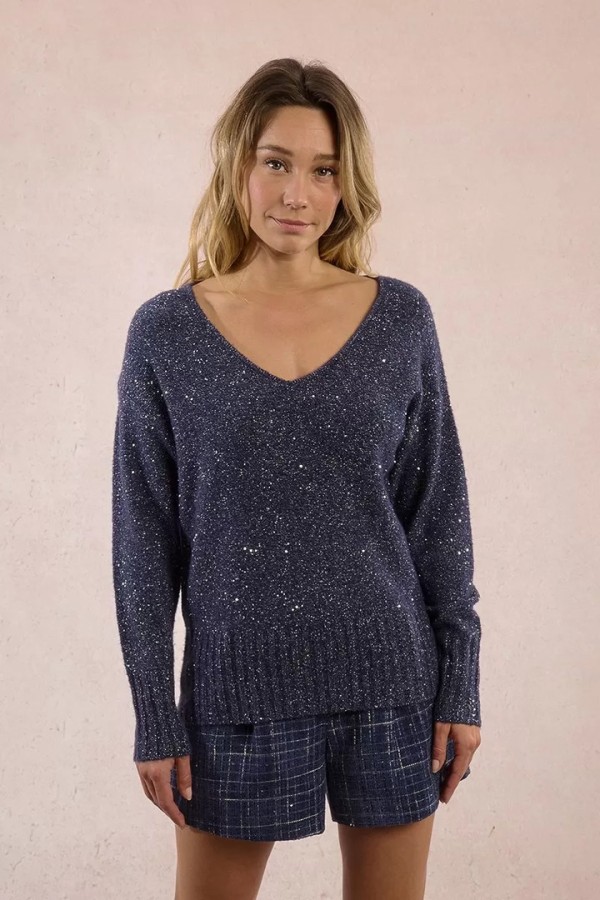Sequined knit sweater navy blue