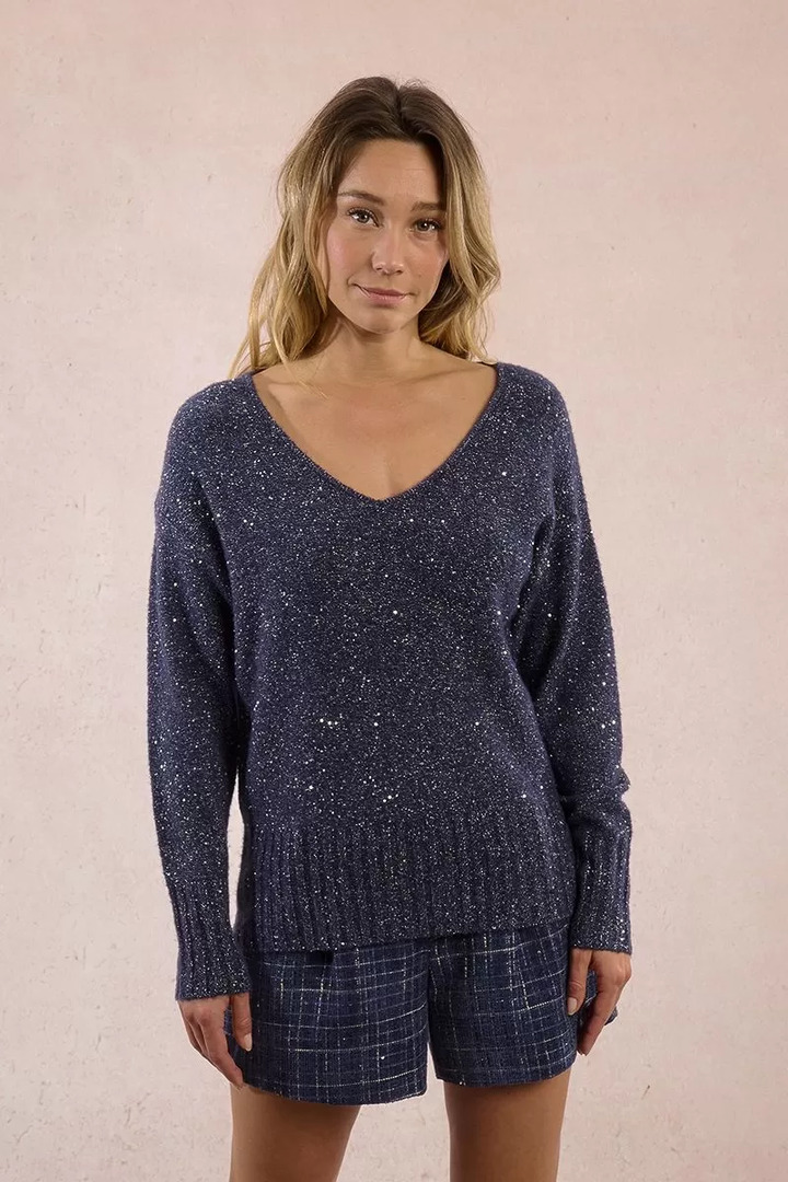 Sequined knit sweater navy blue
