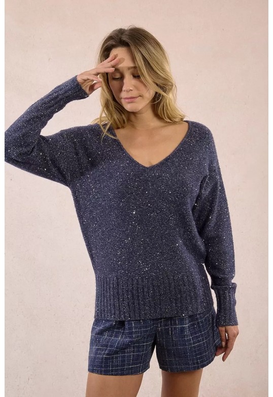 Sequined knit sweater navy blue