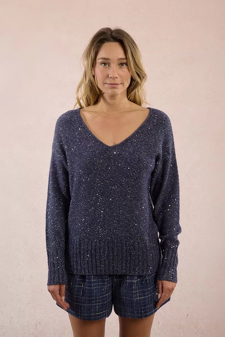 Sequined knit sweater navy blue