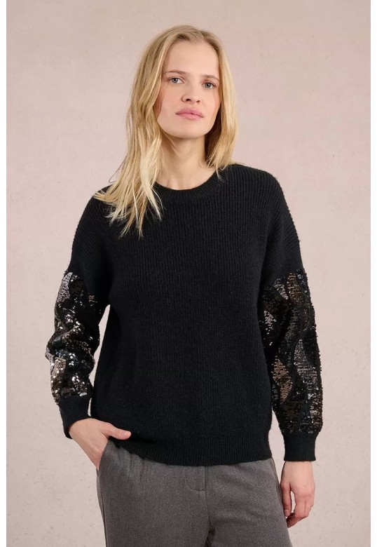 Knitted sweater, sequin sleeve Black