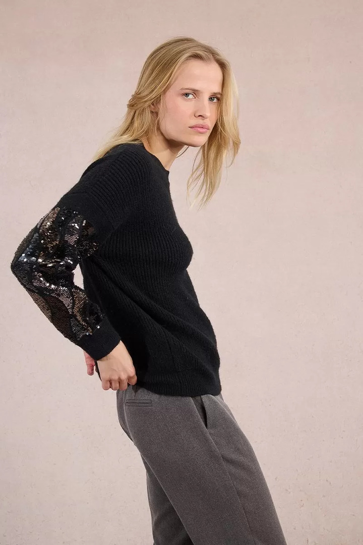 Knitted sweater, sequin sleeve Black