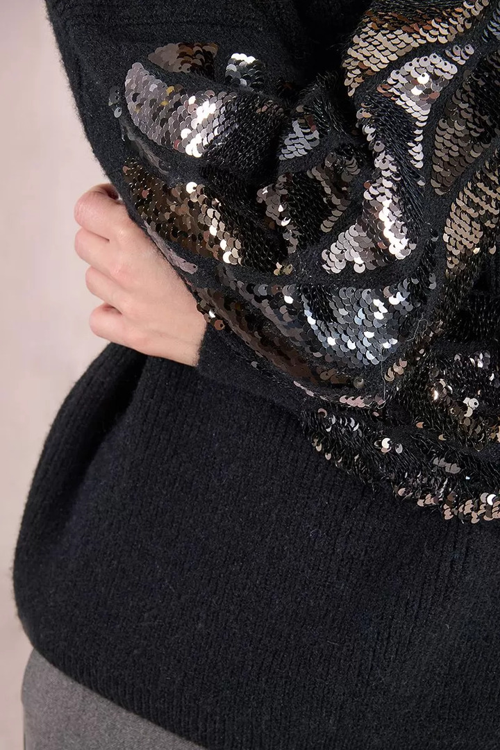 Knitted sweater, sequin sleeve Black