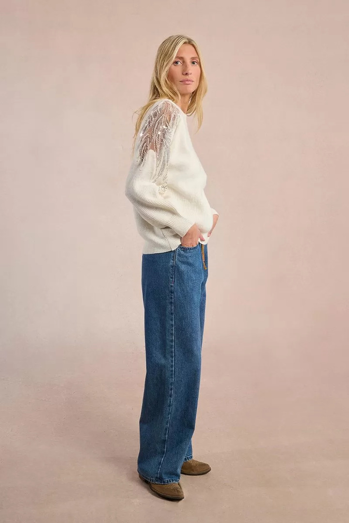 Knitted sweater with openwork shoulders off white