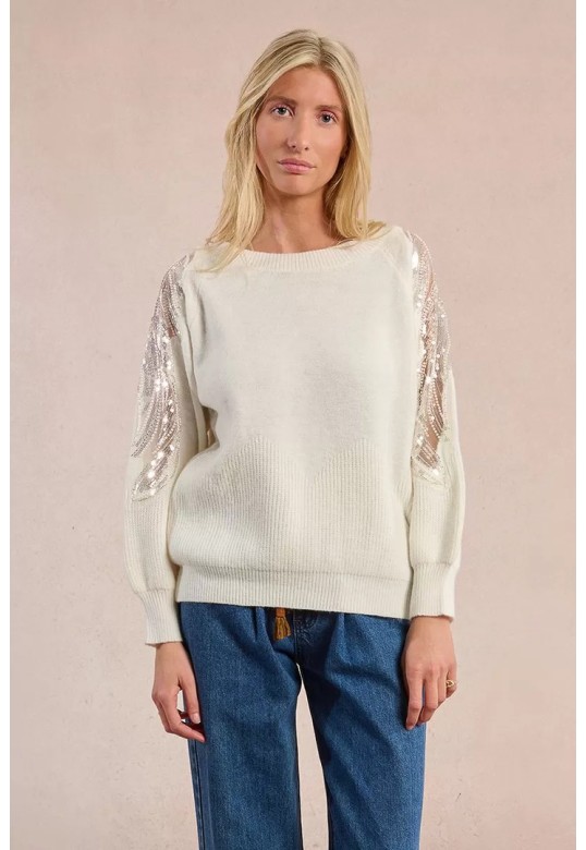 Knitted sweater with openwork shoulders off white