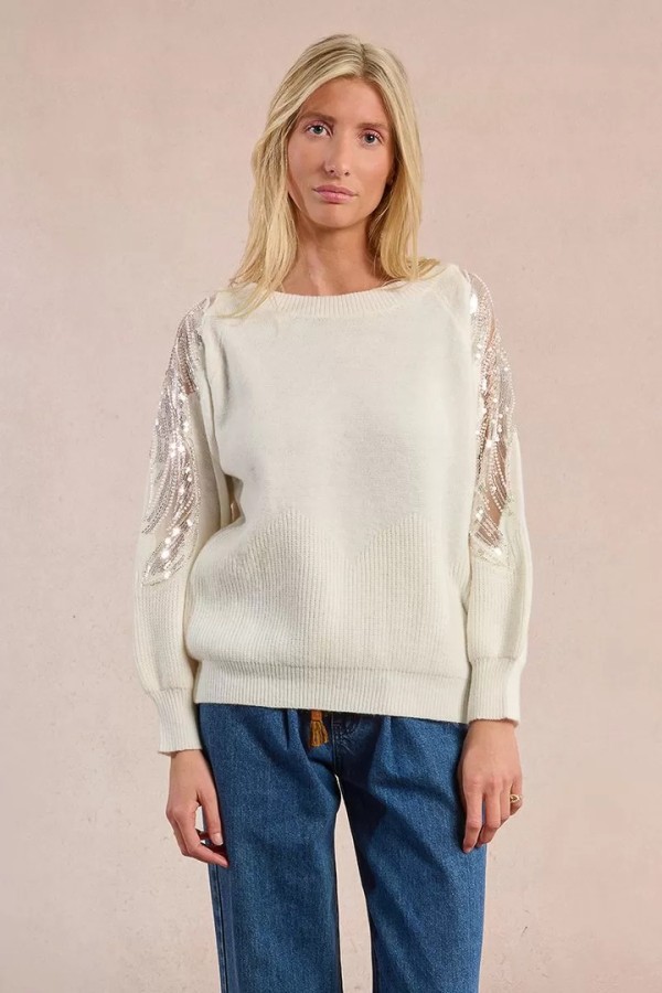 Knitted sweater with openwork shoulders off white