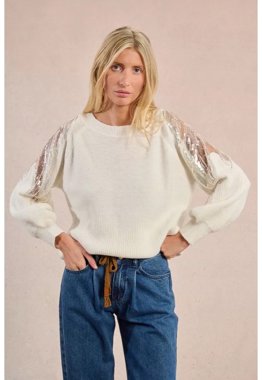 Knitted sweater with openwork shoulders off white