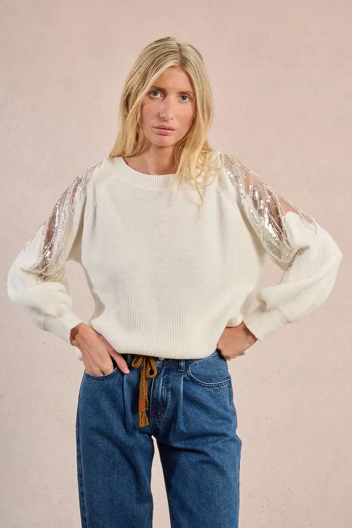 Knitted sweater with openwork shoulders off white