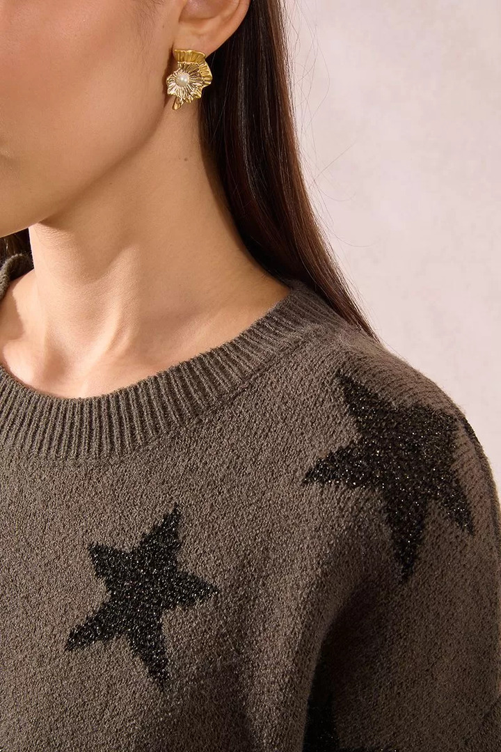 Knitted sweater with sequined stars Khaki