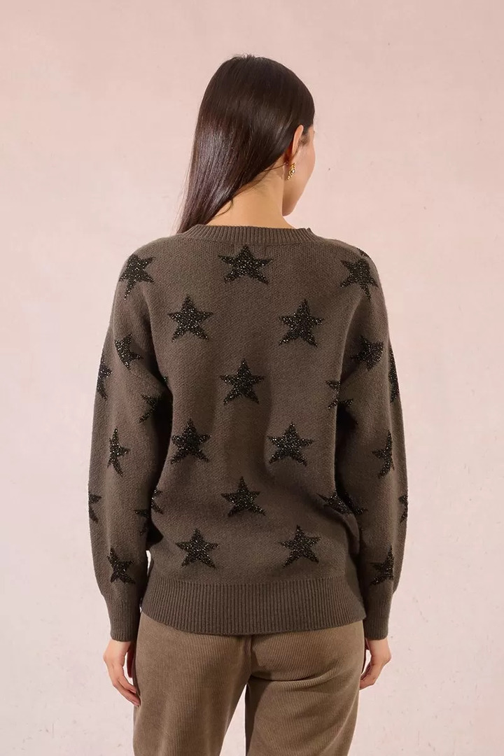 Knitted sweater with sequined stars Khaki