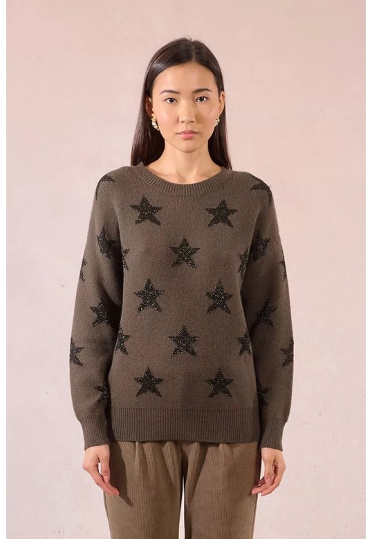 Knitted sweater with sequined stars Khaki