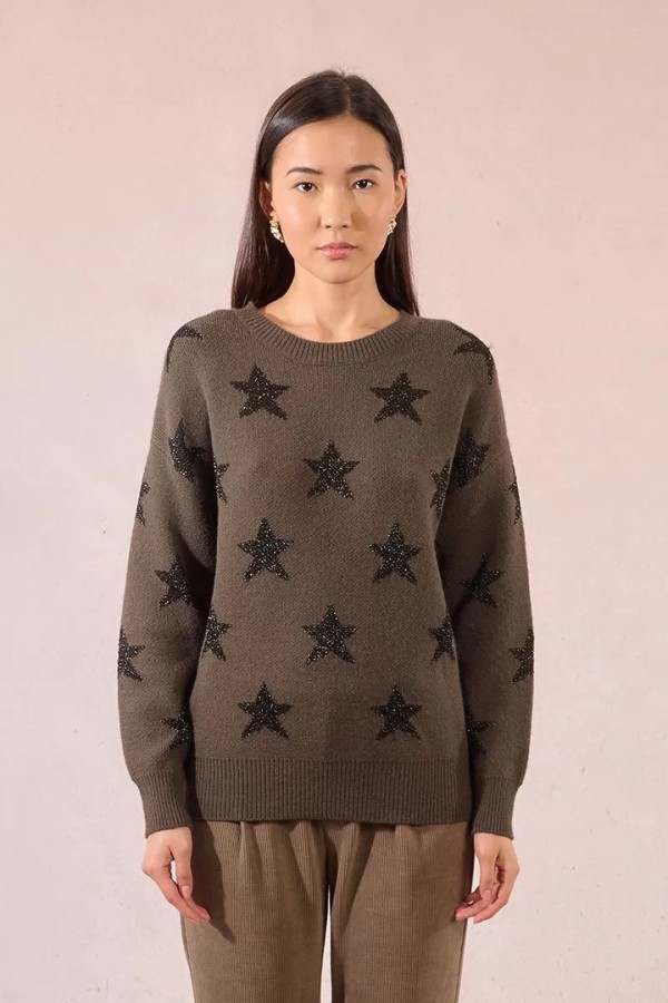 Knitted sweater with sequined stars Khaki