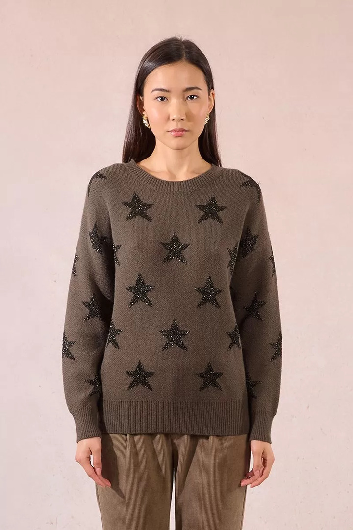Knitted sweater with sequined stars Khaki