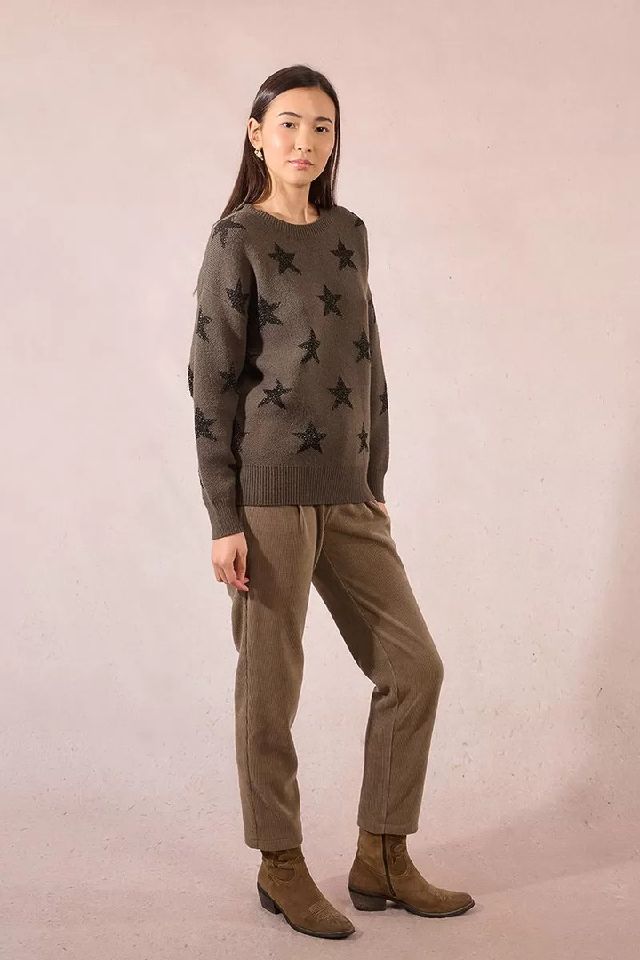 Knitted sweater with sequined stars Khaki