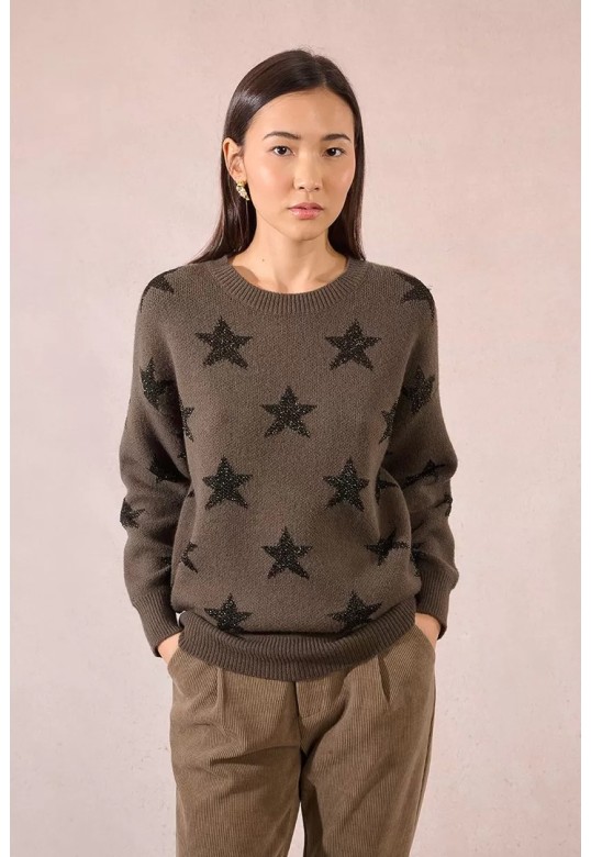 Knitted sweater with sequined stars Khaki