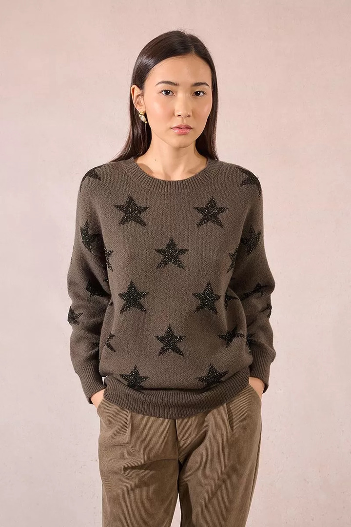Knitted sweater with sequined stars Khaki