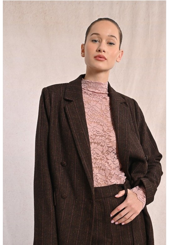 Striped straight and double-breasted blazer Chocolate