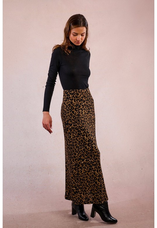 Long, straight skirt, leopard print Khaki
