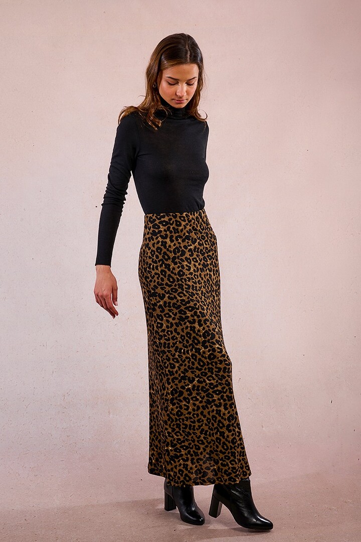 Long, straight skirt, leopard print Khaki