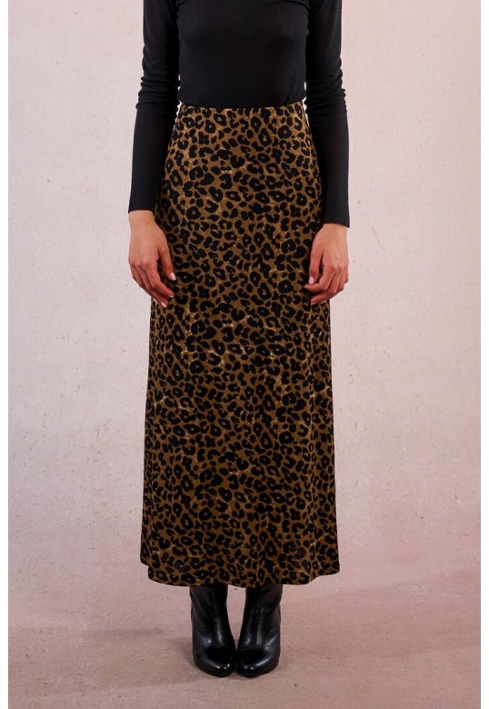 Long, straight skirt, leopard print Khaki
