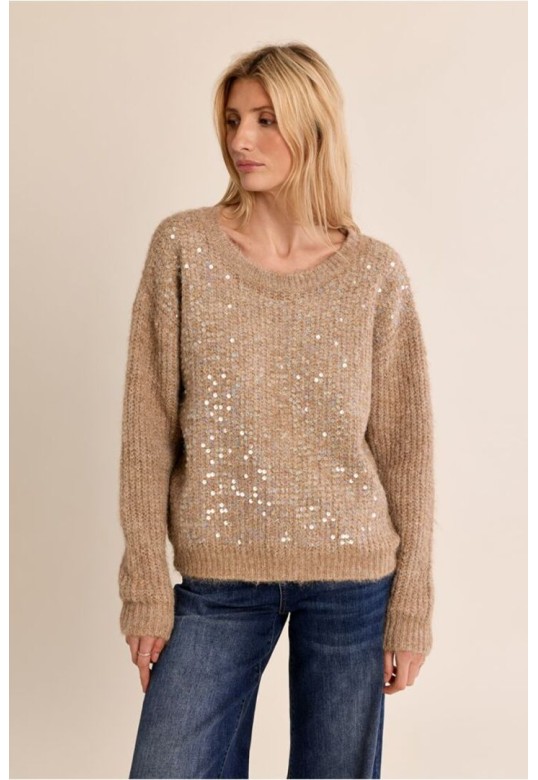 Knitted sweater, with sequins Beige