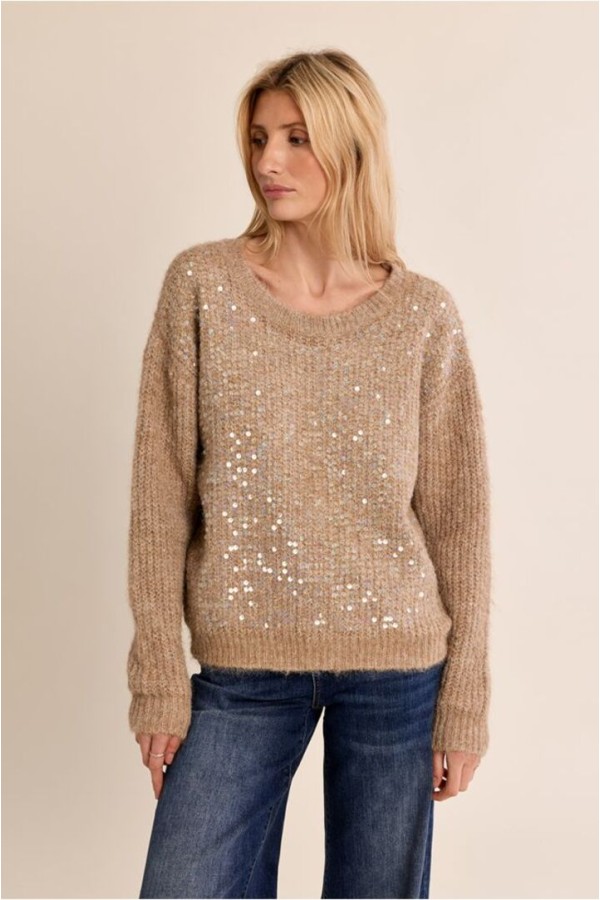 Knitted sweater, with sequins Beige