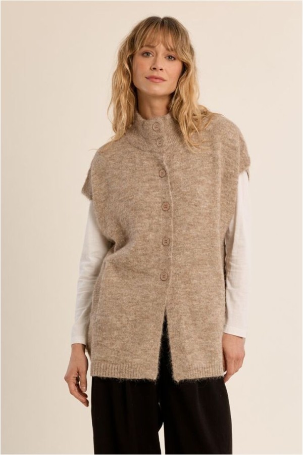 Sleeveless cardigan, stand-up collar Beige