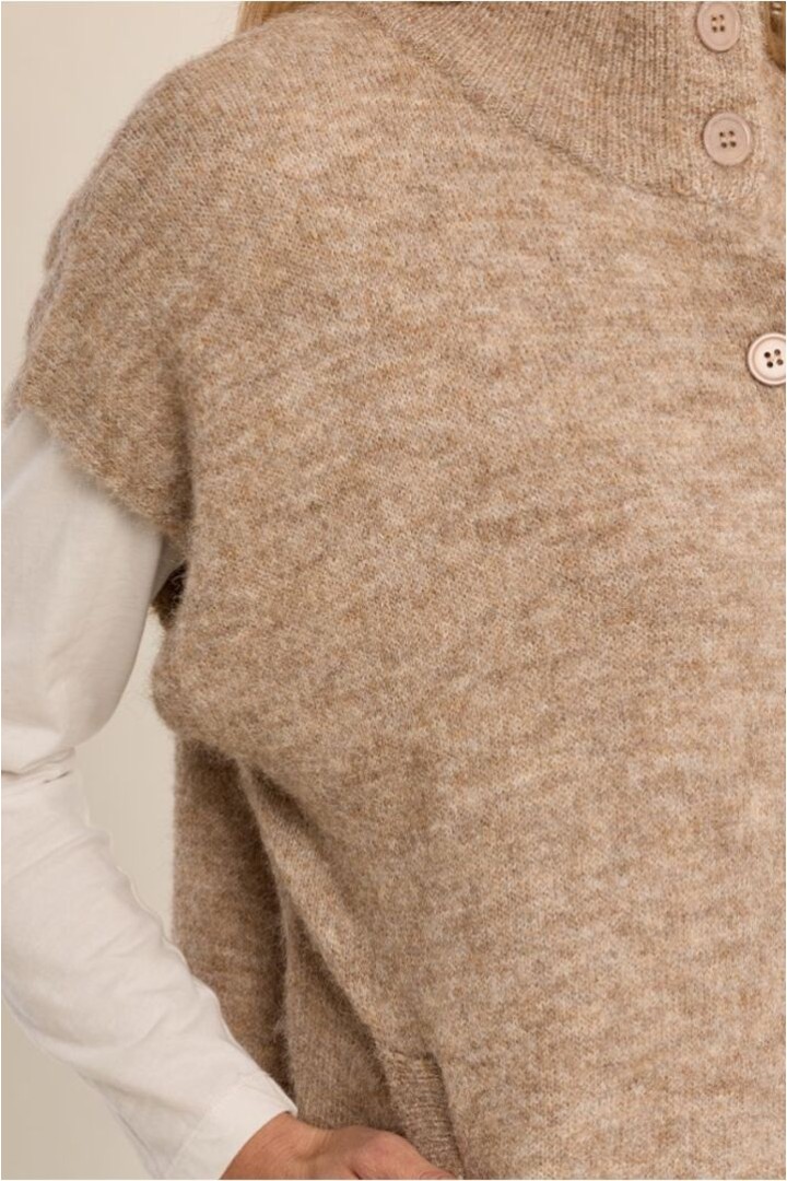 Sleeveless cardigan, stand-up collar Beige