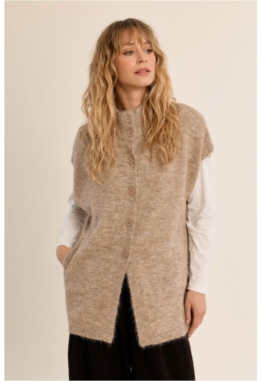 Sleeveless cardigan, stand-up collar Beige